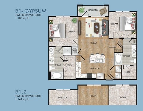 Floor plan for 2 beds, 2 baths, 1117 sqft